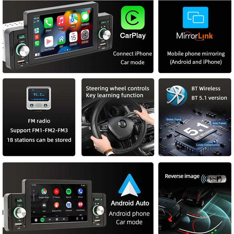 1 Din 5" CarPlay Radio Car Stereo Bluetooth MP5 Player Android-Auto Hands Free A2DP USB FM Receiver Audio System Head Unit SWM 160C