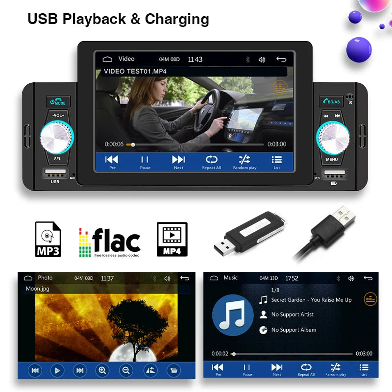 1 Din 5" Wireless CarPlay Radio Car Stereo Android-Auto Bluetooth MP5 HandsFree USB RDS FM Receiver Audio System Head Unit SWM 160W