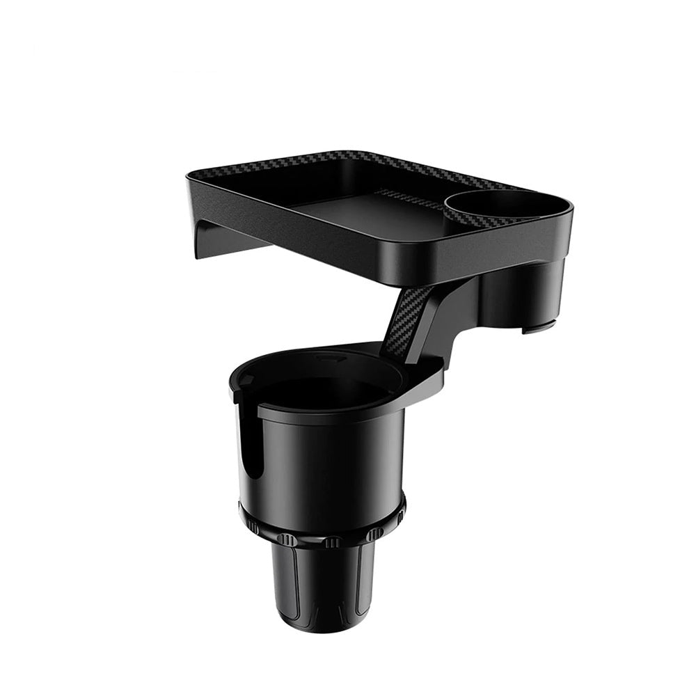 A black vehicle cup holder extender and food tray with a rotatable base, designed to fit into a vehicle's cup holders.