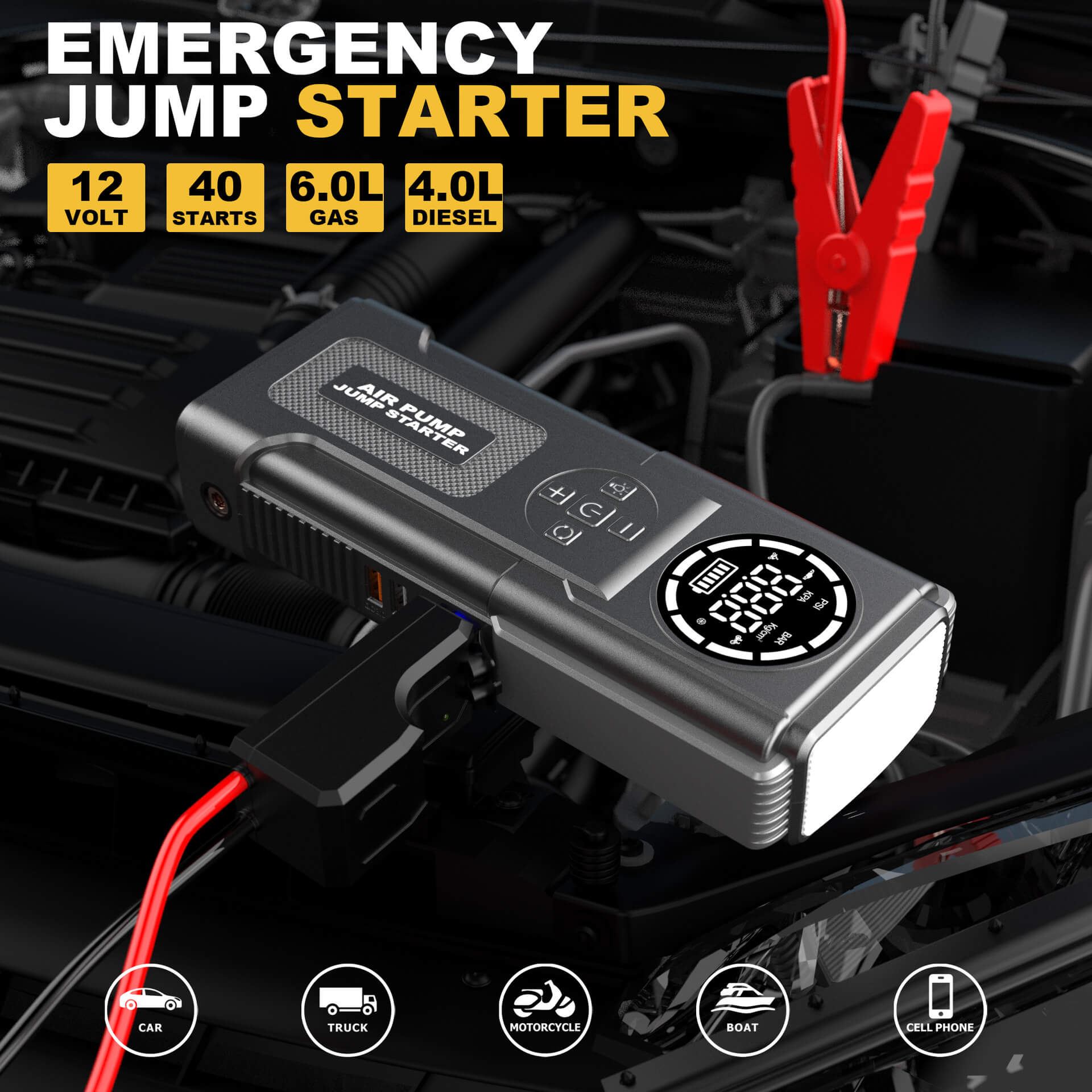 24000mAh 4000A 12V Car Emergency Jump Starter Multifunctional Portable Air Pump LED All-in-one Car Emergency Power