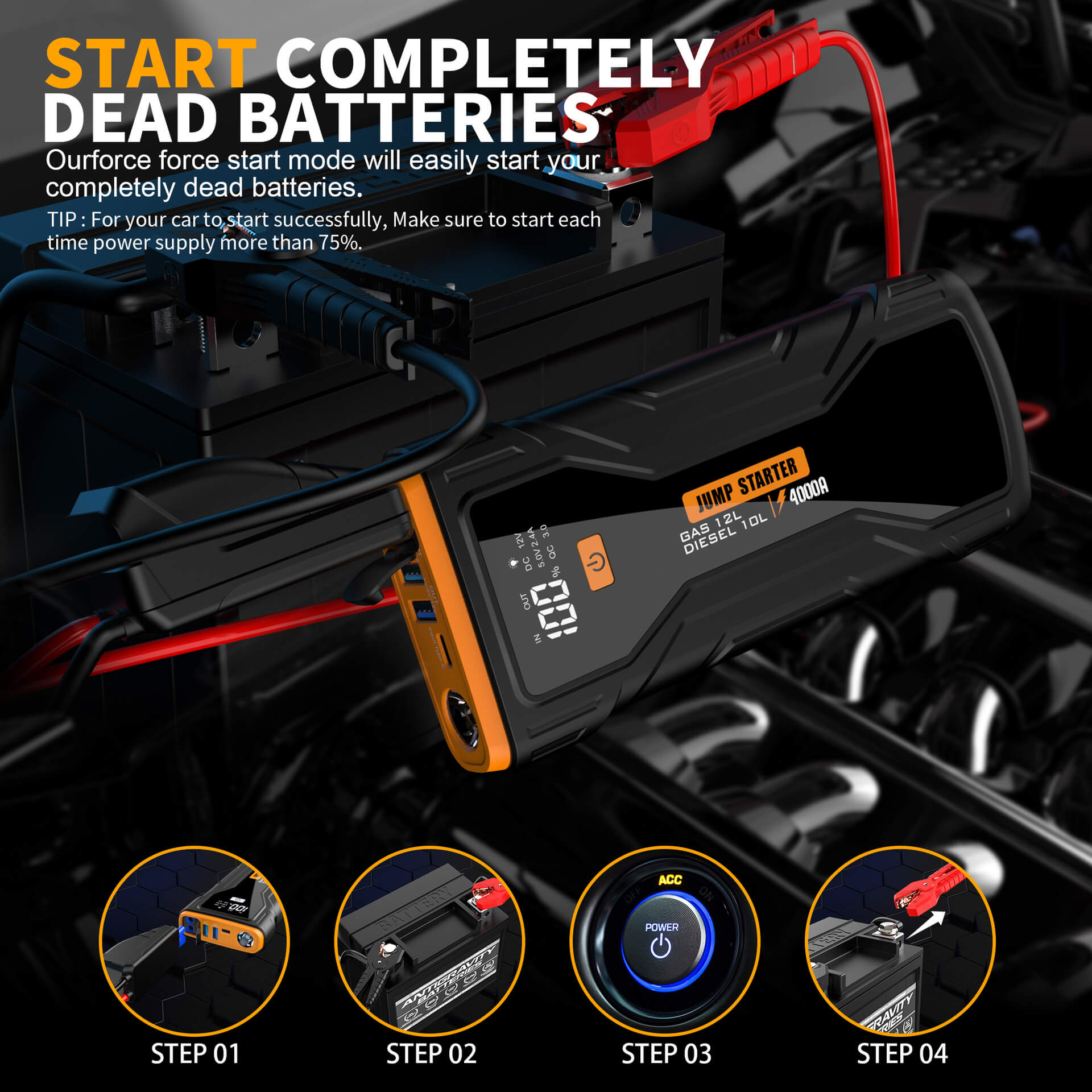 Portable 12V Car Emergency Jump Starter 24000mAh 2000A Starting Current with LED Lighting