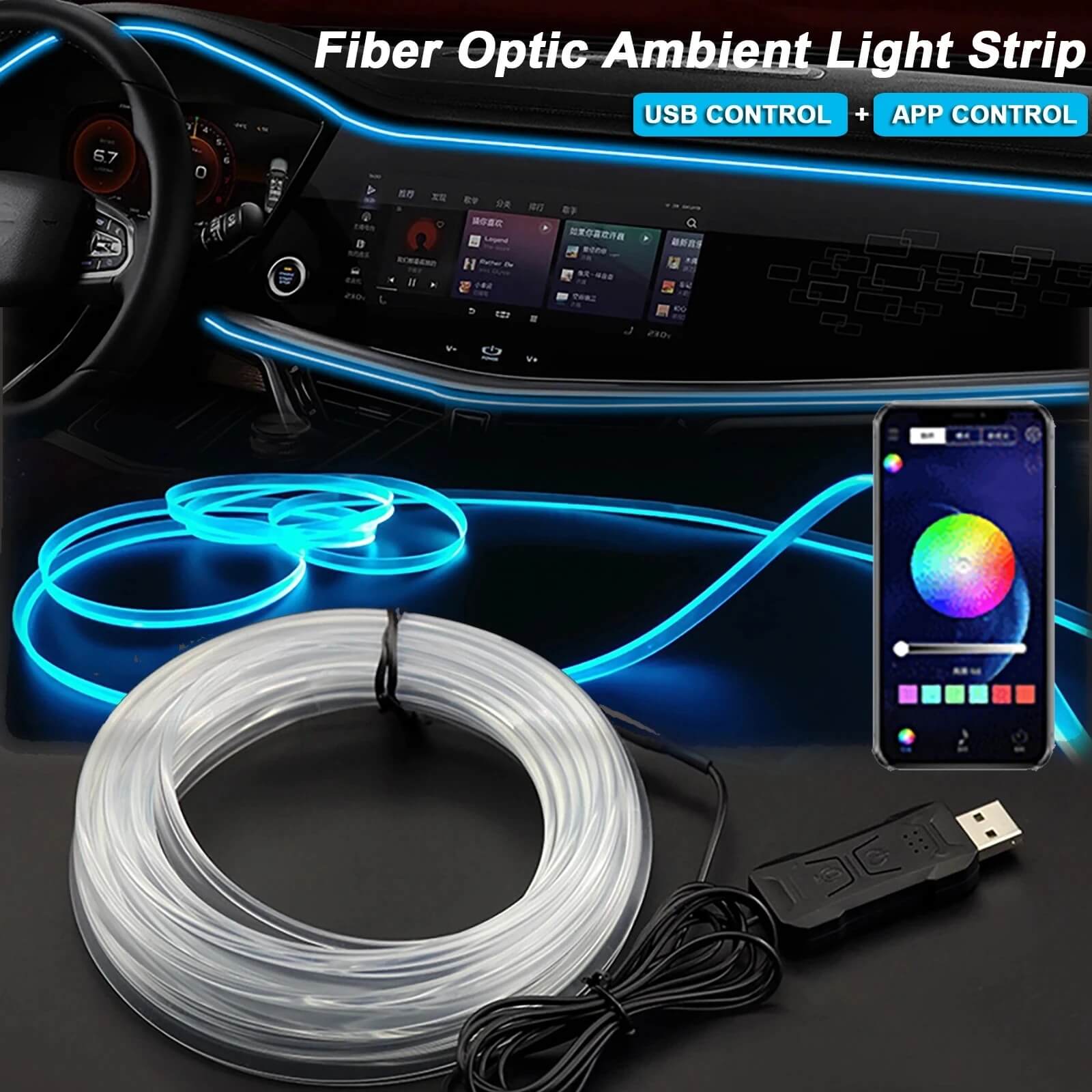 1-5m Car Central Control Instrument Panel RGB Atmosphere Light 64 Colors Light With USB Interface Supports APP Control