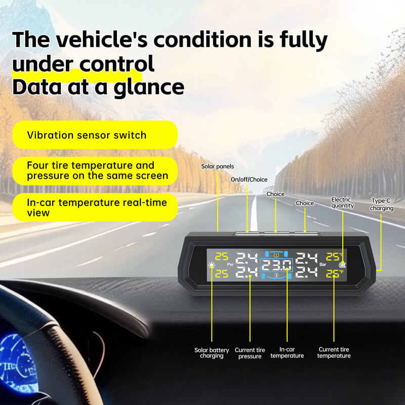 Solar Charging Tire Pressure Tester Tire Built-in External Sensor Fault Detection With In-car Ambient Temperature Monitoring