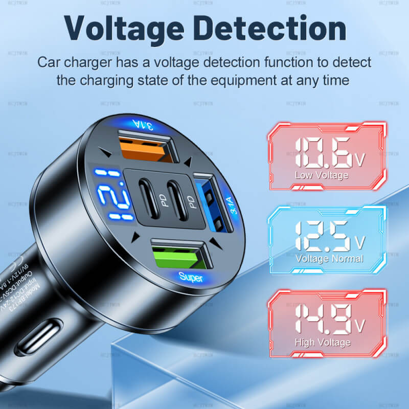 100W Digital display 5 Ports Car Charger Fast Charging 2 Type-c 3 USB