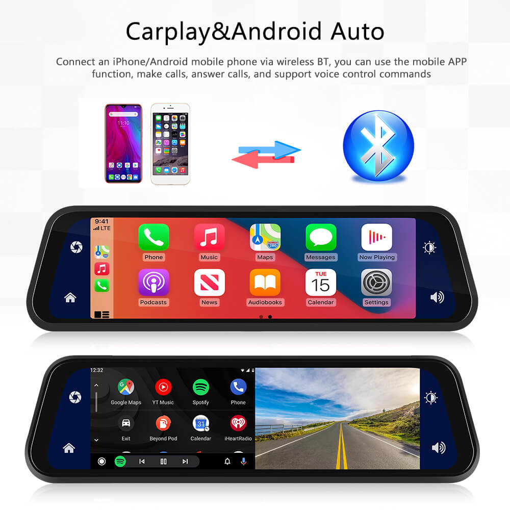 10" HD Front And Rear Dual Cameras Streaming Media Rearview Mirror Multifunctional Wireless Carplay Android Auto DVR With 64G