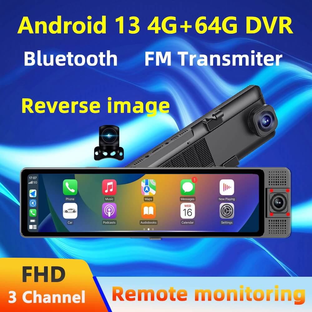 Triple Lens 4G Android 13 System 4+64GB Memory 12 Inch Large Wireless Carplay And Android Auto With GPS Navigator