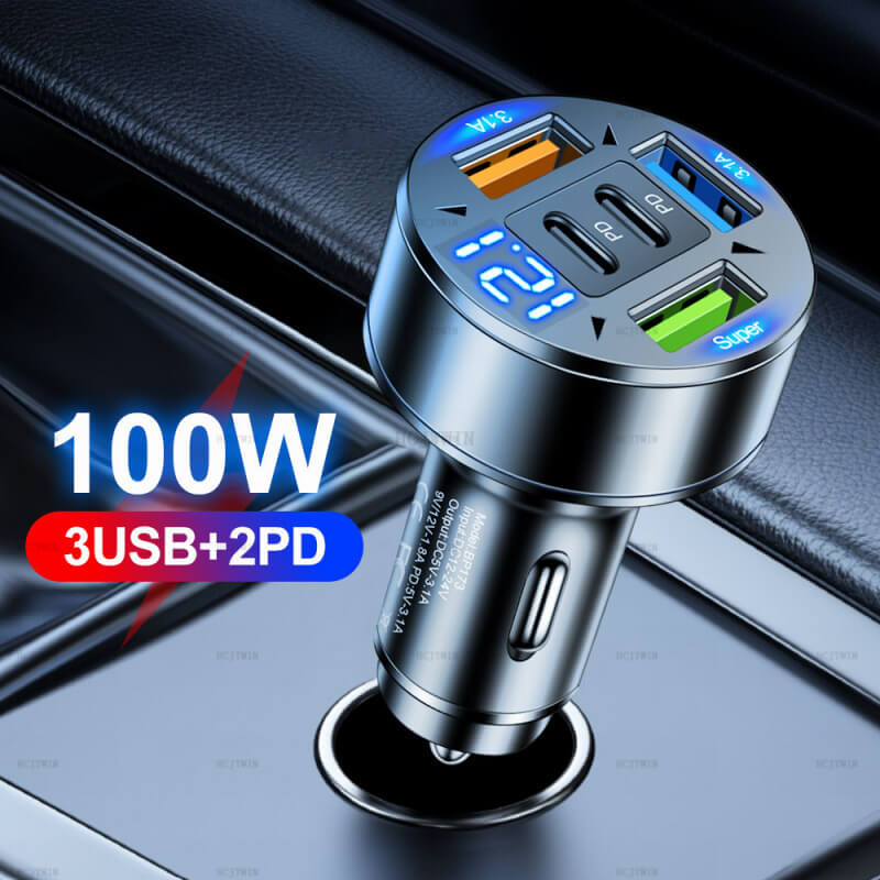 100W Digital display 5 Ports Car Charger Fast Charging 2 Type-c 3 USB