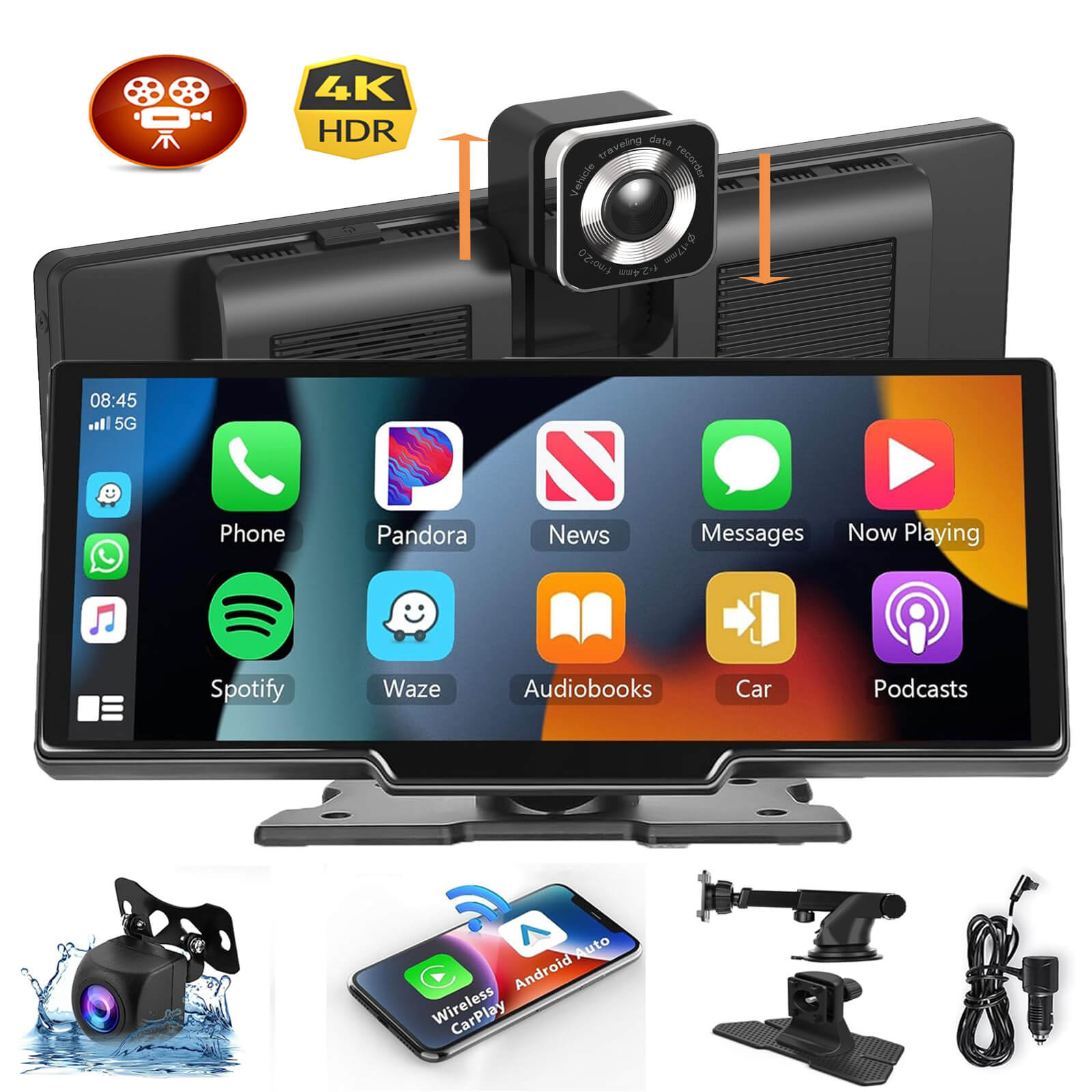 10.26" Dash Cam 4K HD Car DVR Mirror Video Player Wireless Carplay Android Auto Front and Rear Dual Recorder Car Camera Monitor