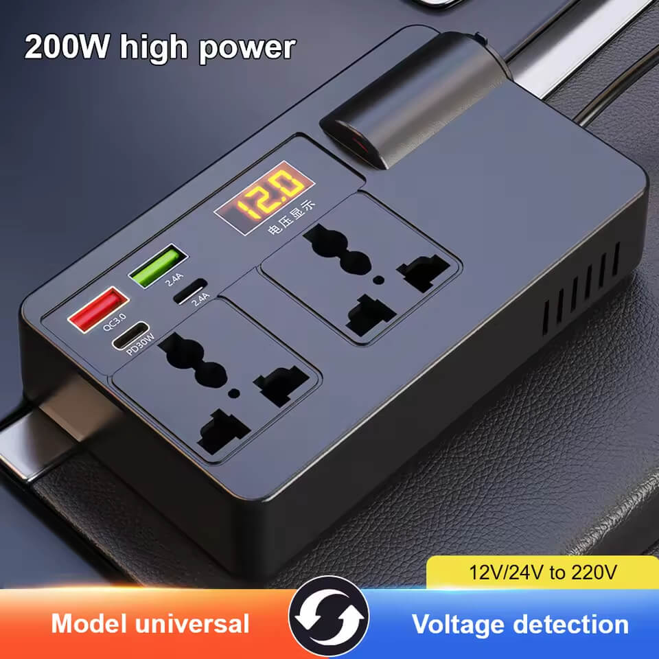 200W Car Inverter Multi-Function Car Power Adapter DC 12V/24V to AC 220V Converter USB/Type-C Digital Display Voltage