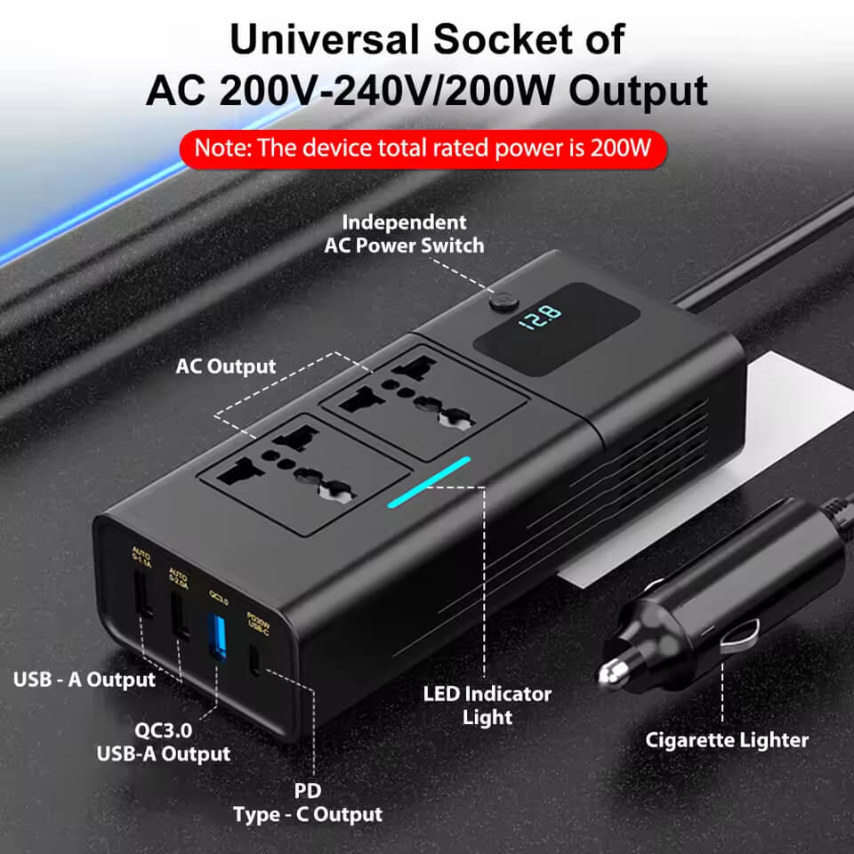 200W Car Inverter DC 12V To AC 220V Power Converter Universal Socket With Digital Display USB Type-c