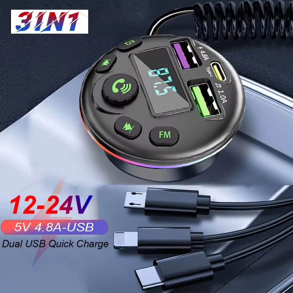 Car Bluetooth 5.0 FM Transmitter MP3 Modulator Player Handsfree Audio Receiver With 3 in 1 Charge Cable