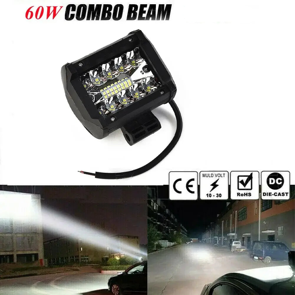 60W 4" A Pair LED Car Work Light 6000K Three-row Spotlight External Car Light Suitable For Off-road Vehicle SUV Truck