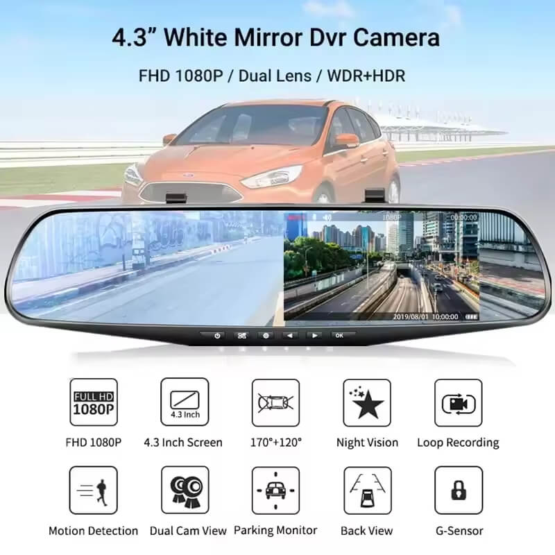 Car Rearview Mirror Streaming DVR 1080P HD Front And Rear Dual Lens Recording 4.3" IPS