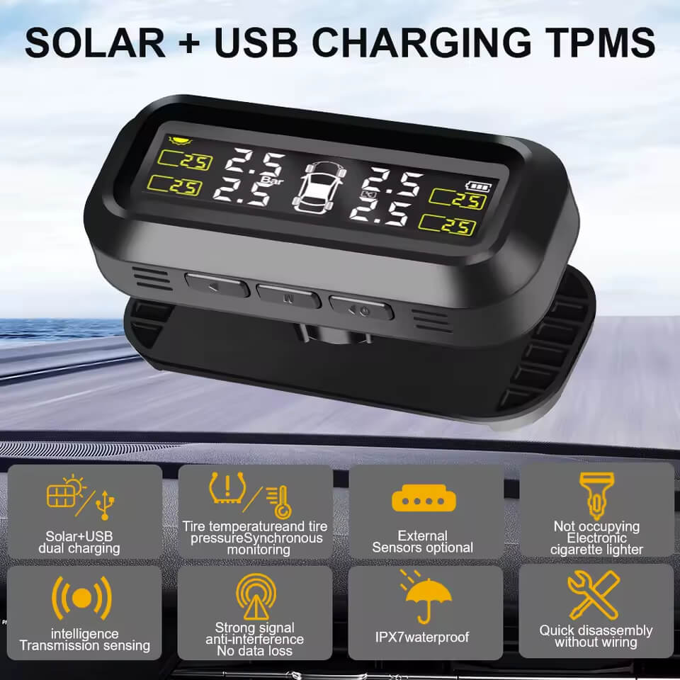 Solar Color Screen Tire Pressure Monitoring System Built-in And External Wireless Sensor