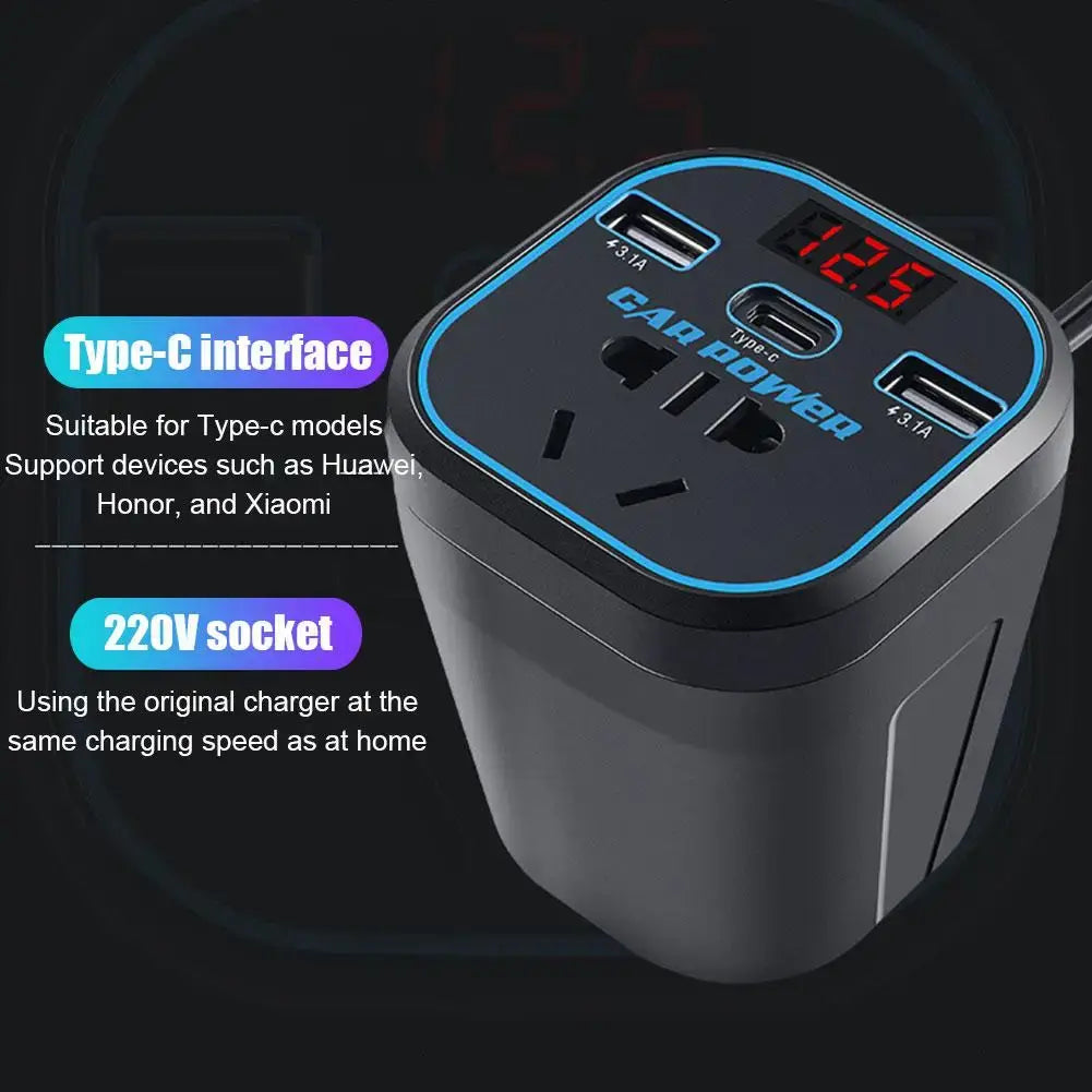 150W Car Inverter 12V/24V Universal To 110V/220V Car Multi-Function Charger Socket Car Power Converter Intelligent Voltage Display With USB Type-c