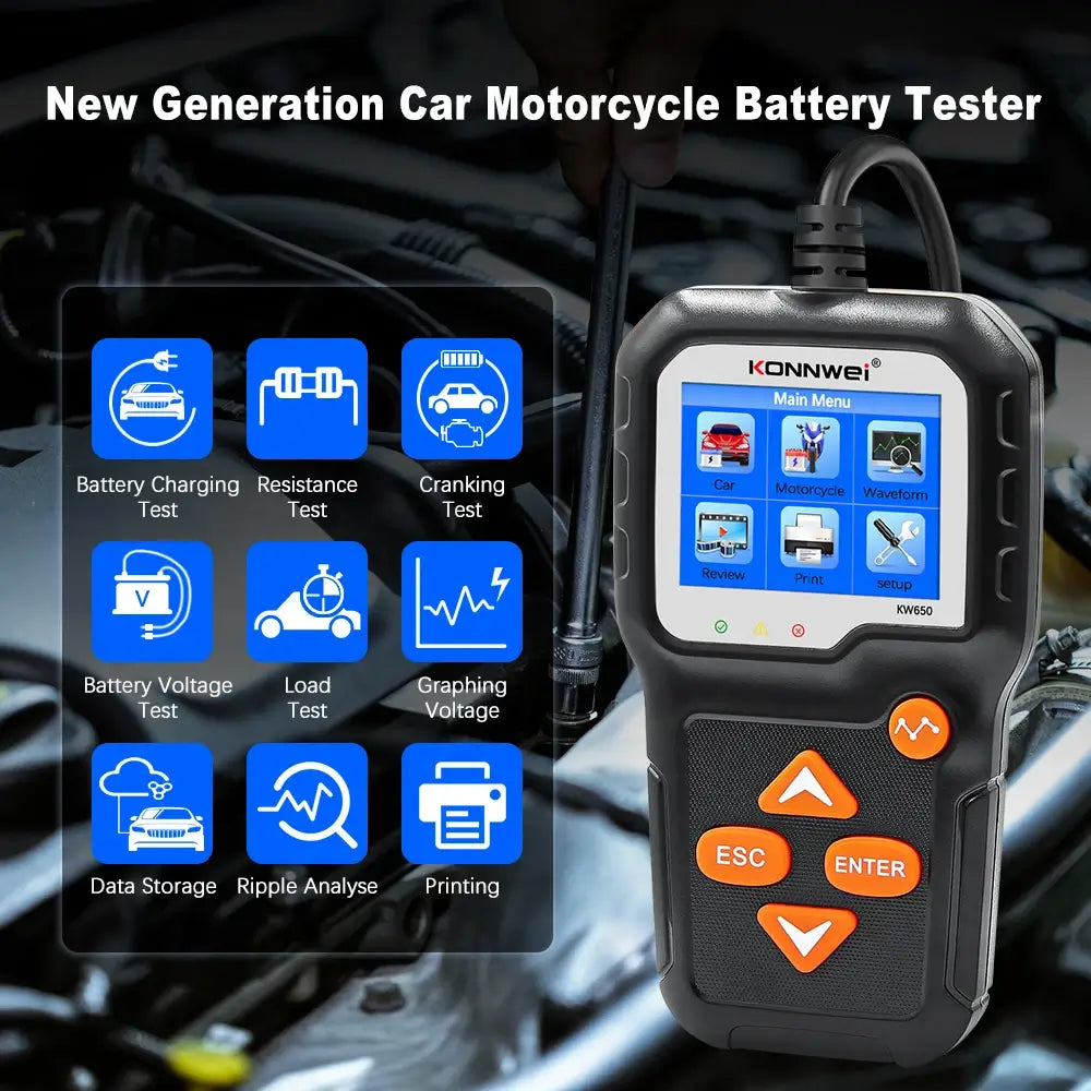 KW650 6V 12V Car Motorcycle Battery Tester With 2.4" Color Screen Battery Health Test Tool
