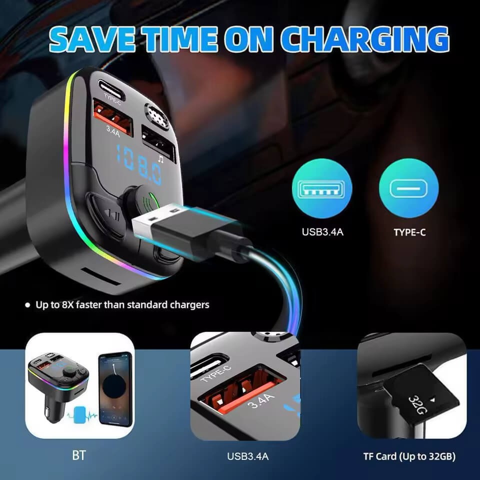 USB C Bluetooth Adapter for Car AUX Wireless FM Radio Transmitter Handsfree Calling & Audio Receiver MP3 Music Player Fast Charging