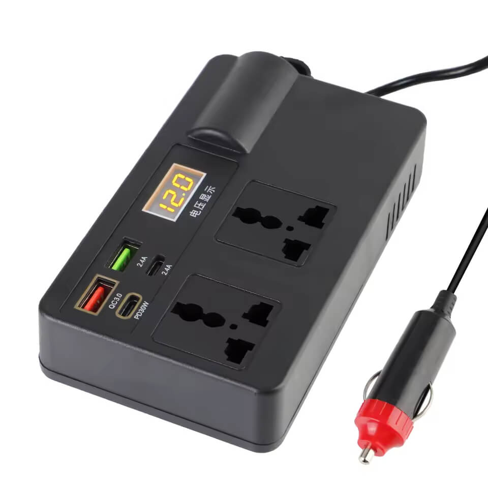 200W Car Inverter Multi-Function Car Power Adapter DC 12V/24V to AC 220V Converter USB/Type-C Digital Display Voltage