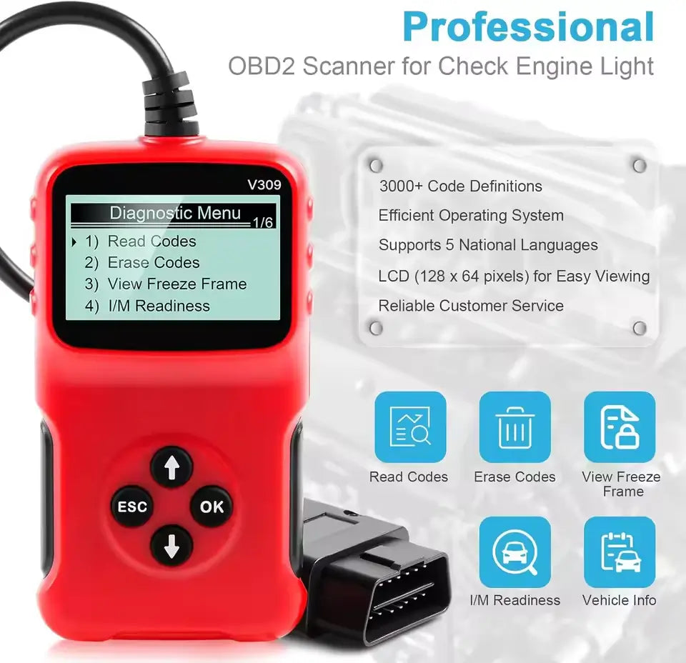 OBD2 12V Car Fault Detector V309 Engine Fault Code Reader