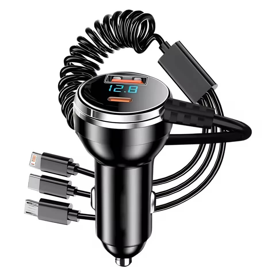 230W Digital Display  Car Charger 5 Ports Spring Wire Charging Connector Fast Charge USB Type-c PD QC3.0