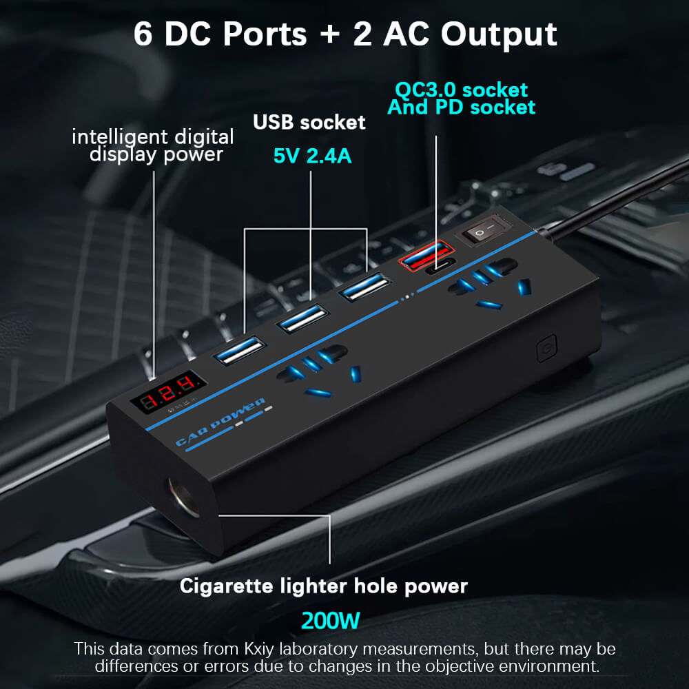 200W Car Inverter Charger DC 12V/24V to AC 110V/220V Voltage Digital Display Power Converter USB Type-c Fast Charging Cigarette Lighter Interface