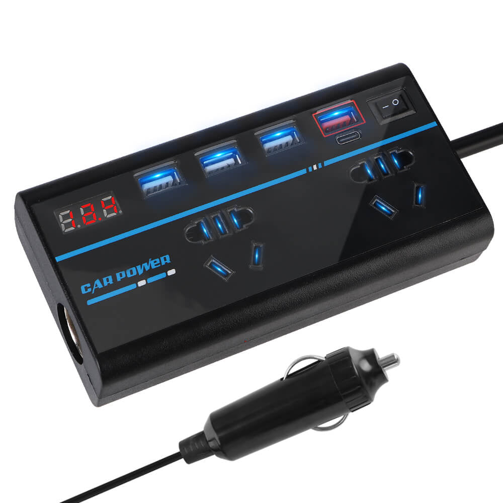 200W Car Inverter Charger DC 12V/24V to AC 110V/220V Voltage Digital Display Power Converter USB Type-c Fast Charging Cigarette Lighter Interface